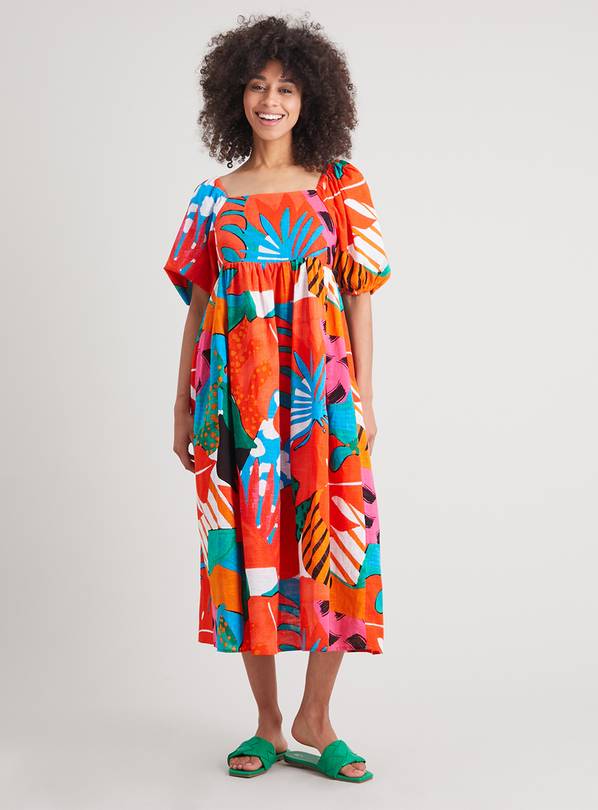 Square collar printed puff sleeve midi dress sale